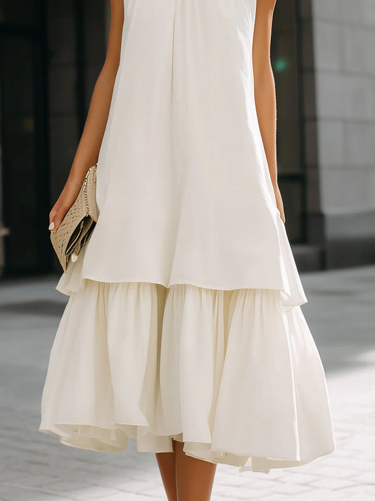 High Neck Layered Hem Midi Dress