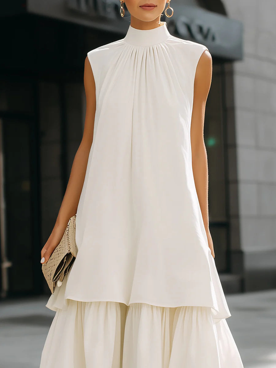 High Neck Layered Hem Midi Dress