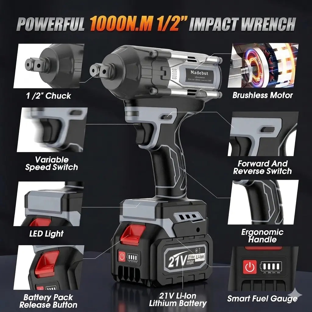 💥LAST DAY SALE 50% OFF🔧1000N.m Cordless Impact Wrench, All-Metal Cordless Impact Gun with 2*4.0Mah
