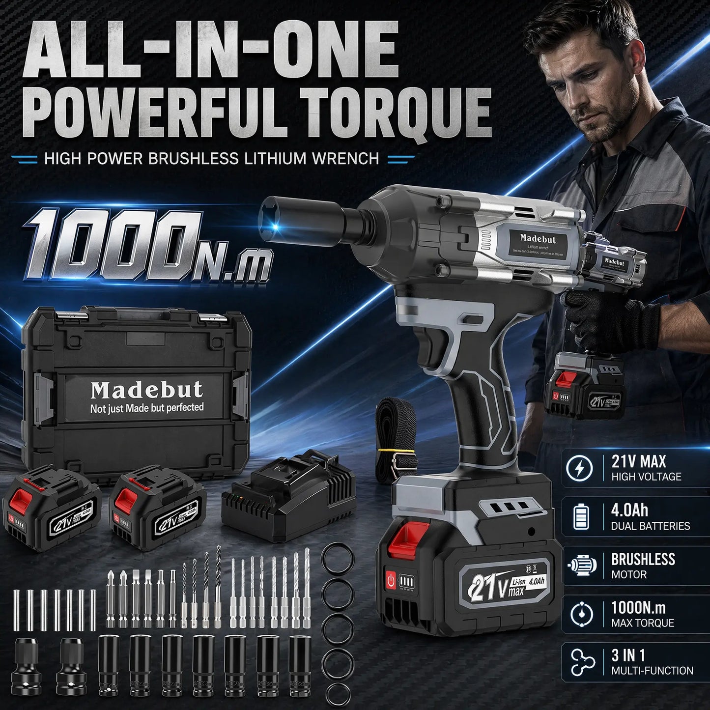 💥LAST DAY SALE 50% OFF🔧1000N.m Cordless Impact Wrench, All-Metal Cordless Impact Gun with 2*4.0Mah