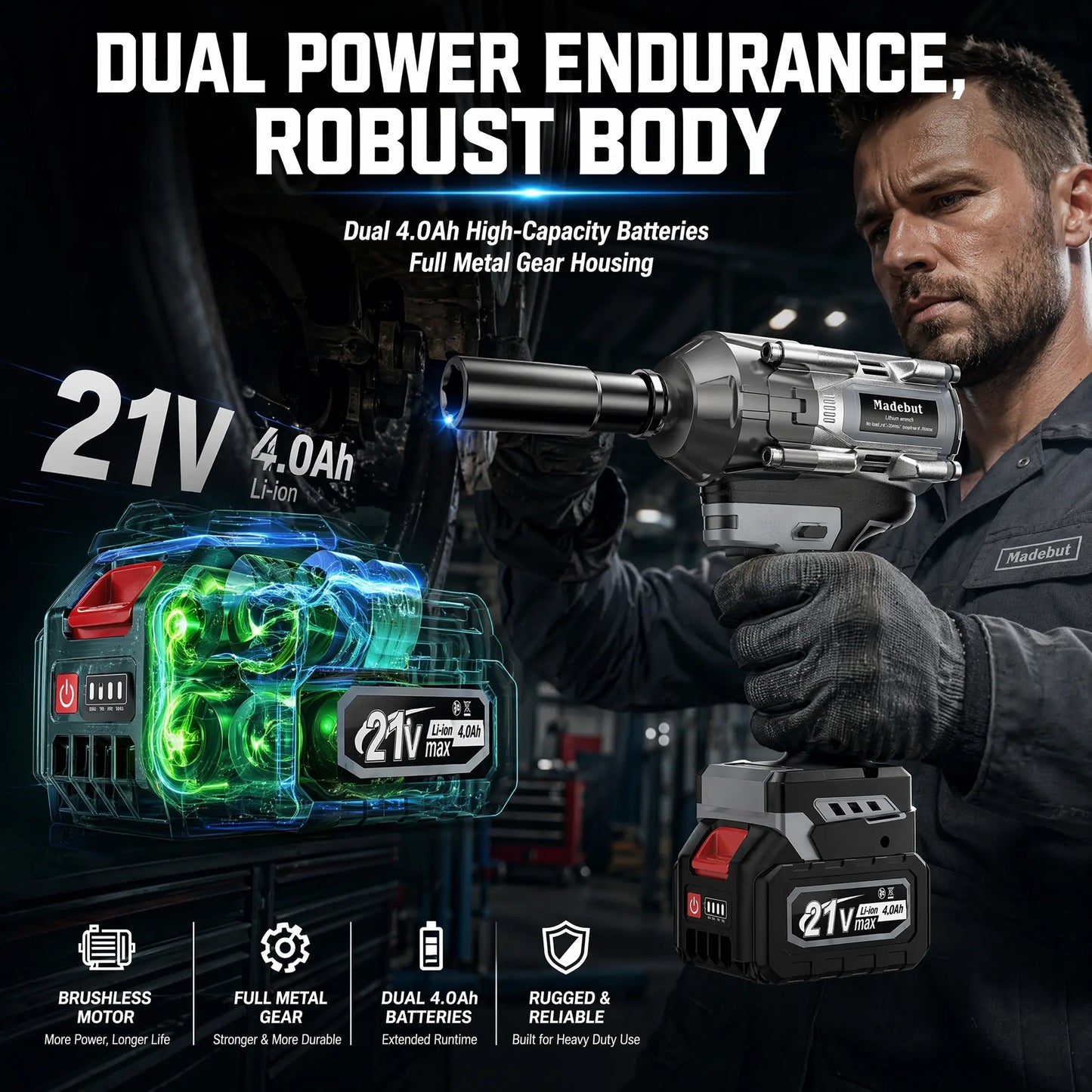 💥LAST DAY SALE 50% OFF🔧1000N.m Cordless Impact Wrench, All-Metal Cordless Impact Gun with 2*4.0Mah