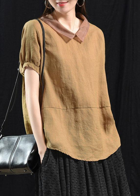 Khaki Patchwork Turn-down Collar Summer Short Sleeve Top