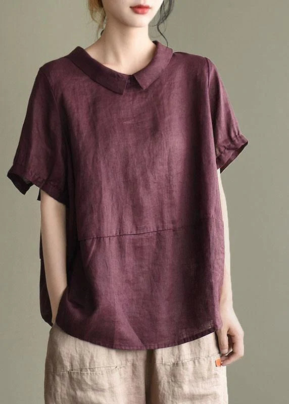 Khaki Patchwork Turn-down Collar Summer Short Sleeve Top