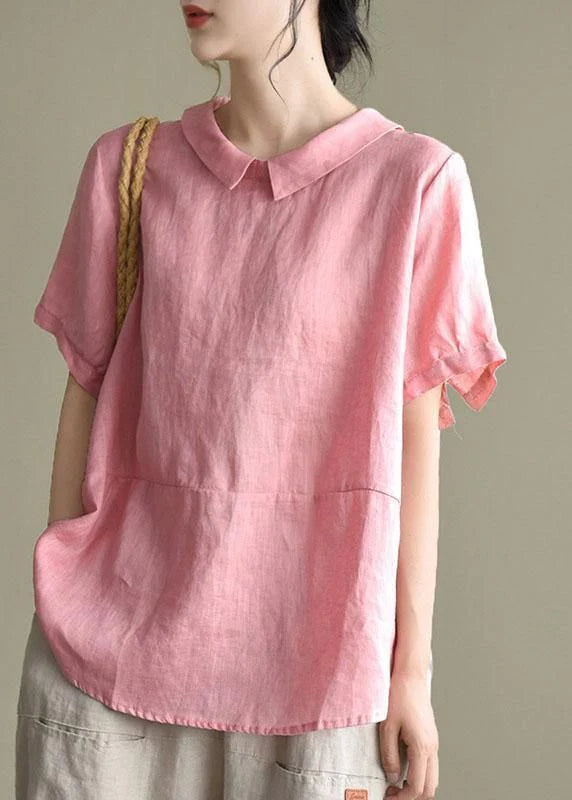 Khaki Patchwork Turn-down Collar Summer Short Sleeve Top