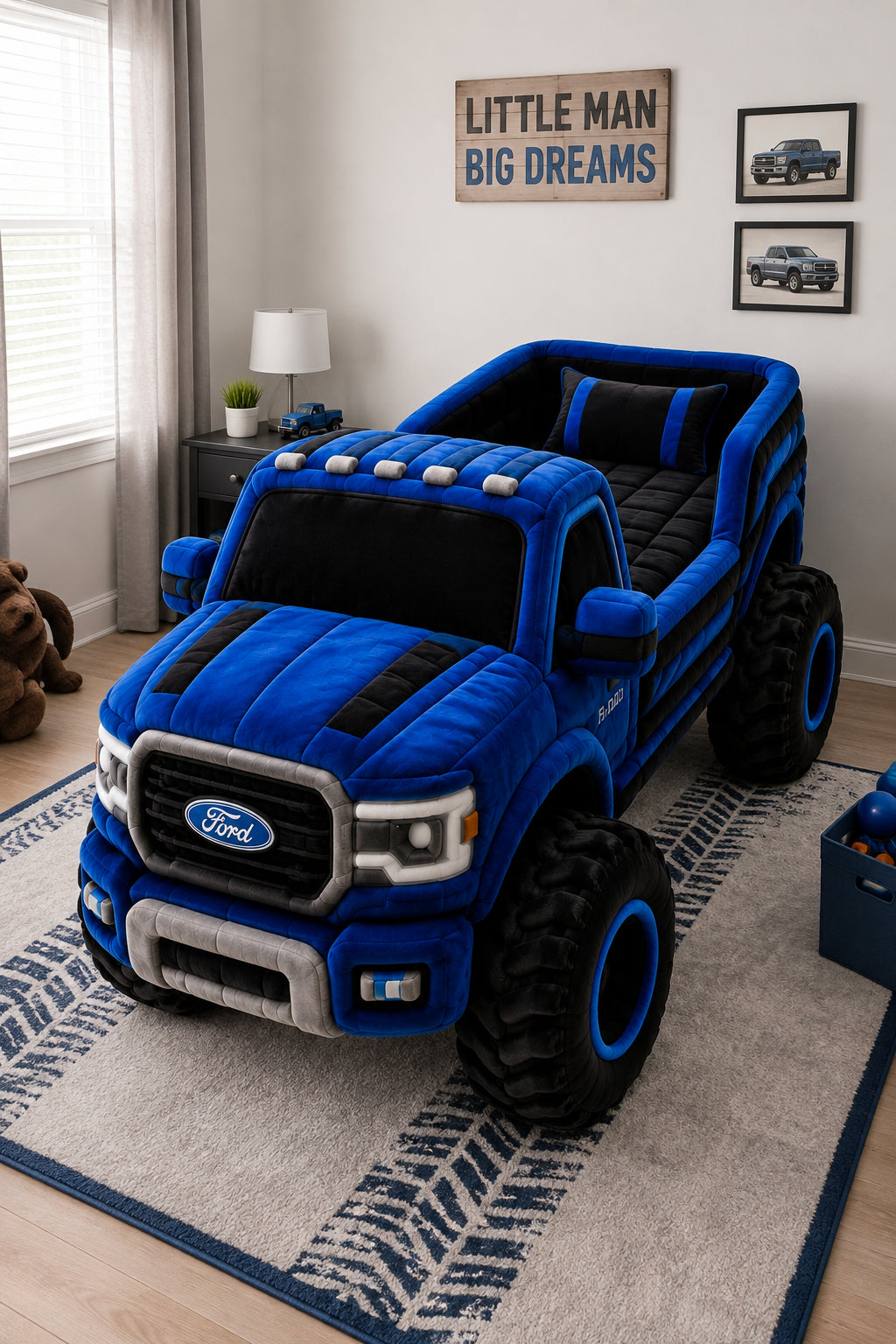 Blue plush pickup truck inspired bed for kids