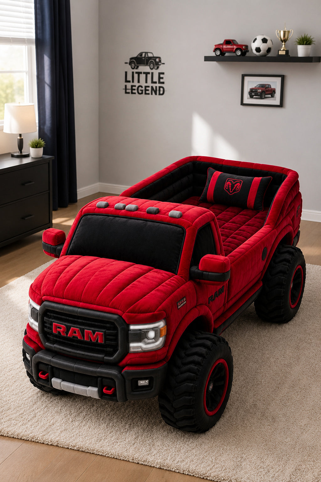 Red plush truck-inspired kids Twin bed