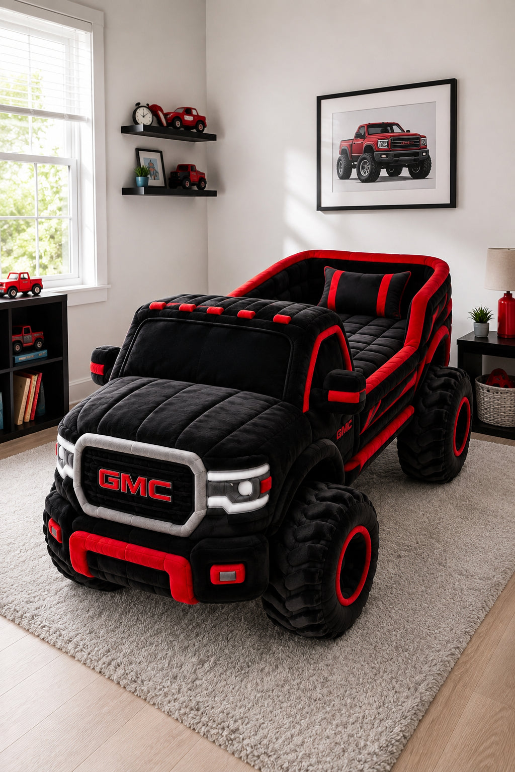 Black and red plush pickup truck kids bed