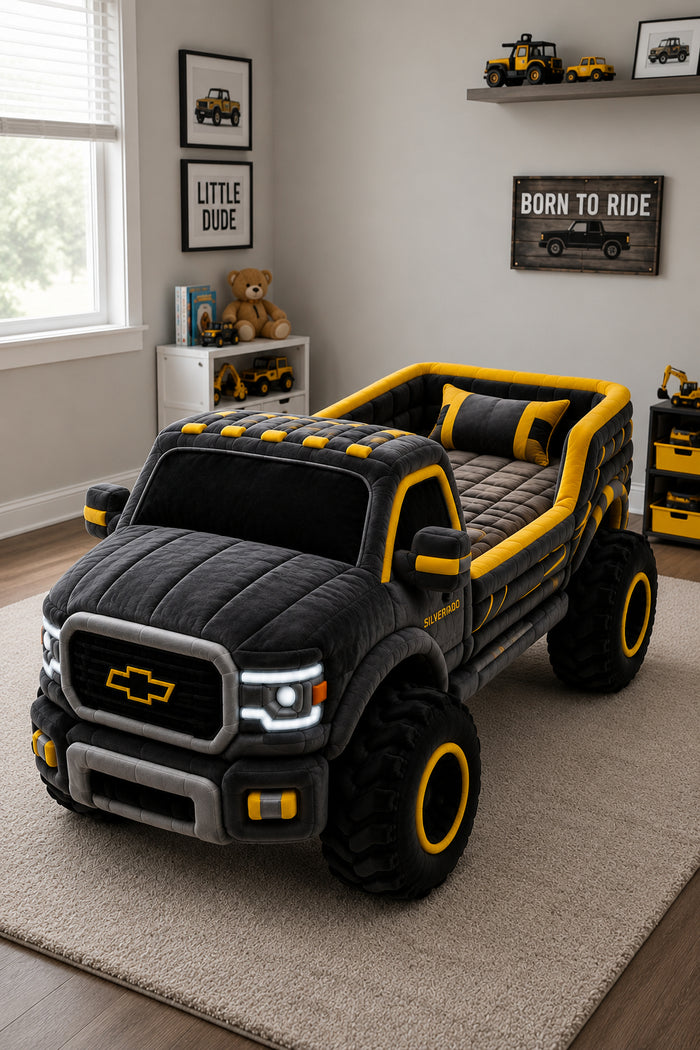 Black yellow truck inspired kids bed