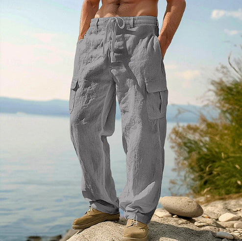 Men's Linen Cargo Pants Casual Summer Beach Pants