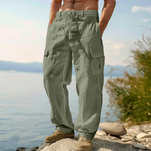 Men's Linen Cargo Pants Casual Summer Beach Pants