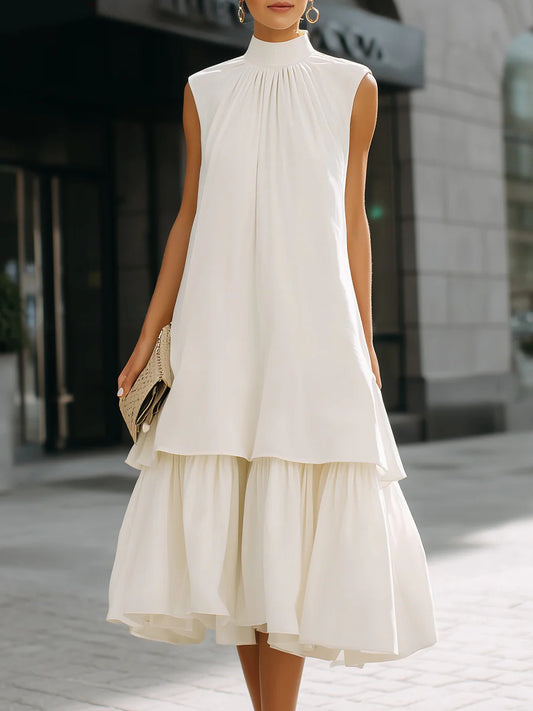 High Neck Layered Hem Midi Dress