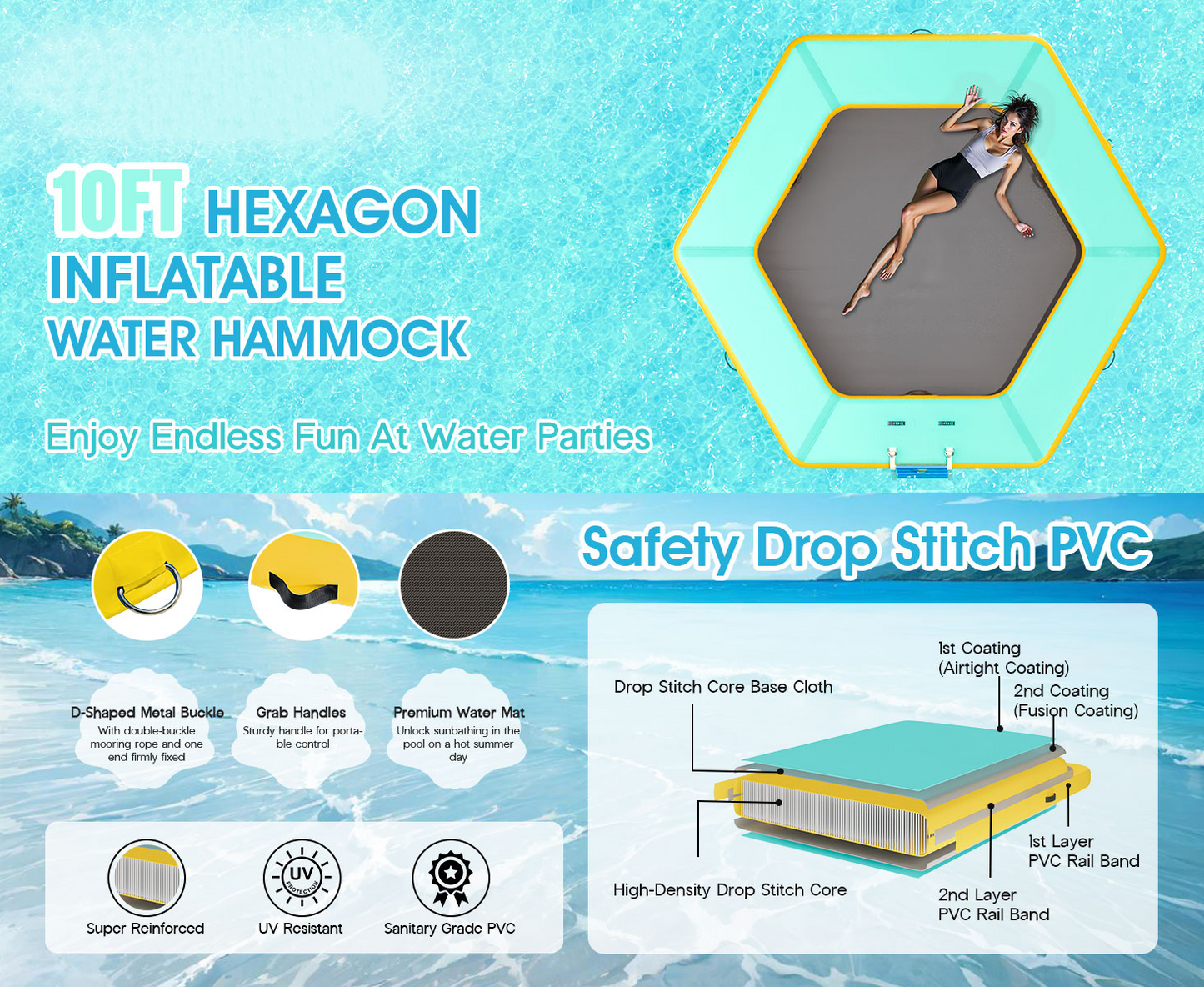 ✨LAST DAY PROMOTION ✨Hexagon/Circle/Triangle Inflatable Water Hammock for Adults, Floating Raft Dock Platform with Mesh