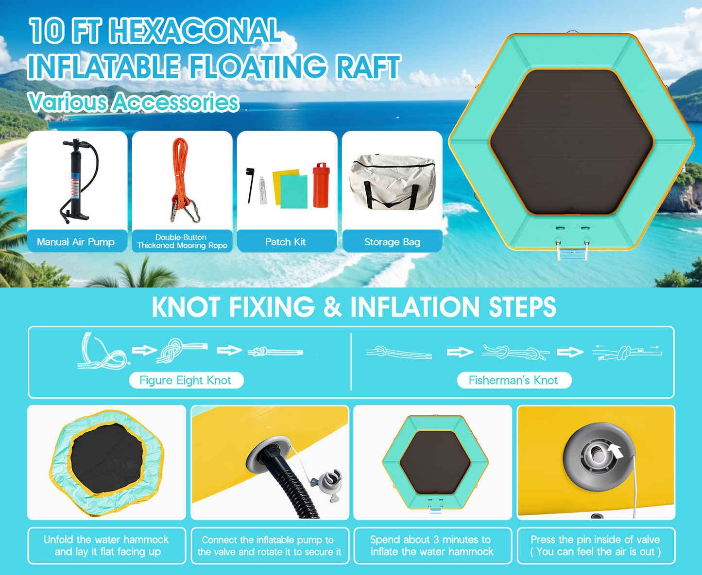✨LAST DAY PROMOTION ✨Hexagon/Circle/Triangle Inflatable Water Hammock for Adults, Floating Raft Dock Platform with Mesh
