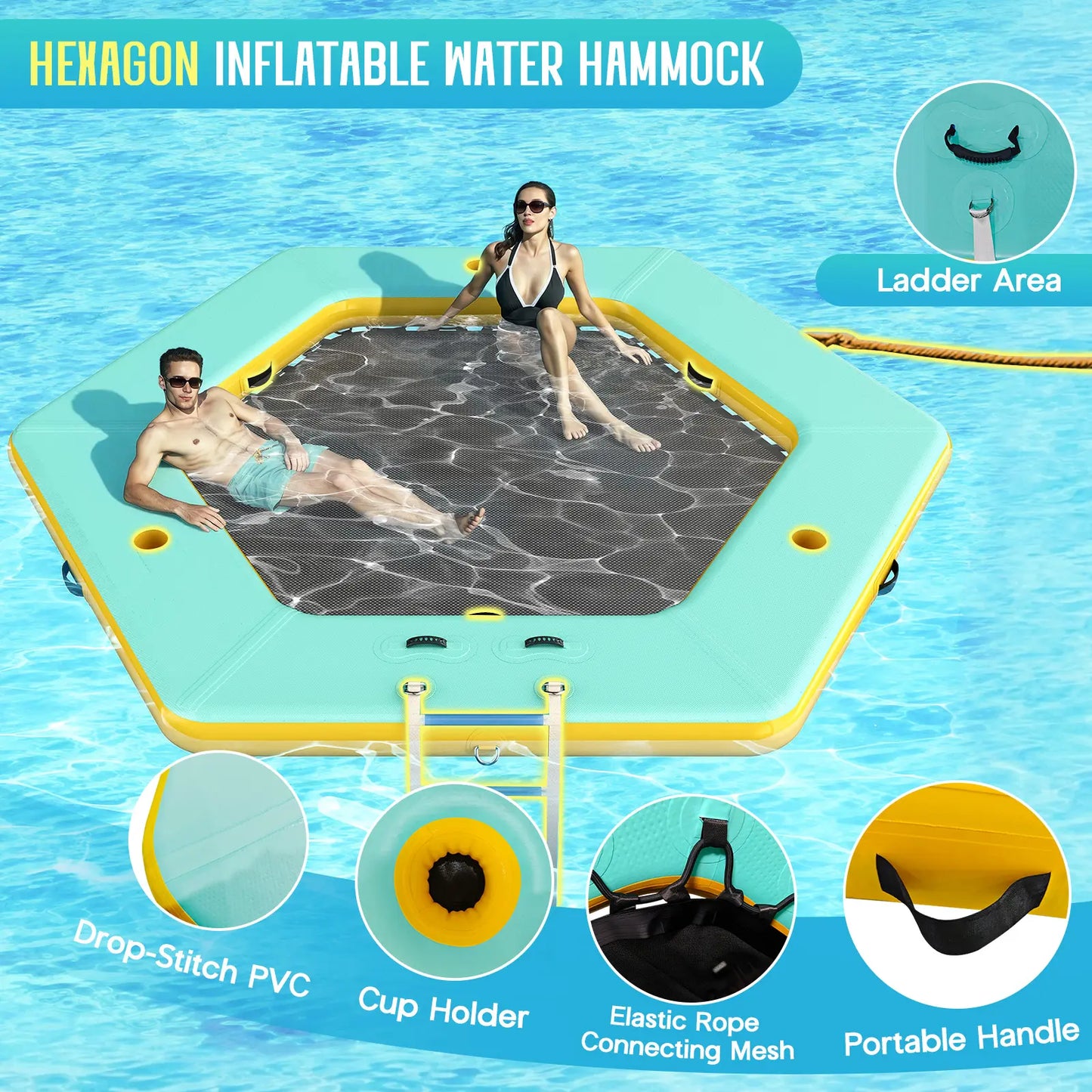 ✨LAST DAY PROMOTION ✨Hexagon/Circle/Triangle Inflatable Water Hammock for Adults, Floating Raft Dock Platform with Mesh