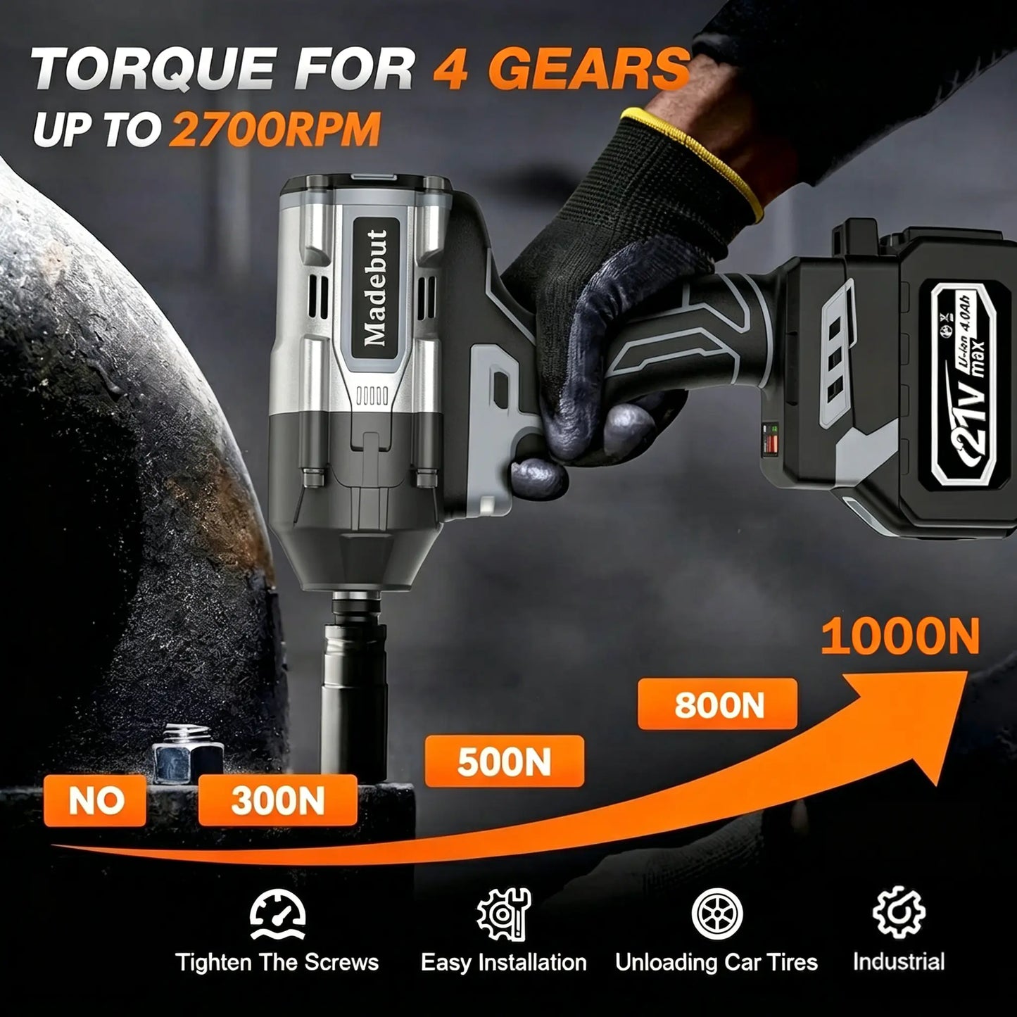 💥LAST DAY SALE 50% OFF🔧1000N.m Cordless Impact Wrench, All-Metal Cordless Impact Gun with 2*4.0Mah