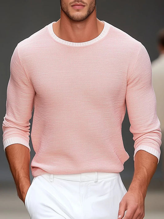 Men's round neck contrast color casual pullover sweater